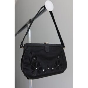 Vintage Mel-Ton‎ Black Velvet Clutch Evening Bag Pink Satin Lining